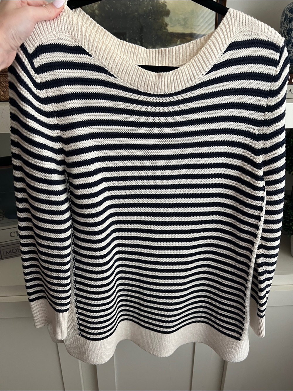 LOFT Navy and Cream Striped Scoopneck Sweater